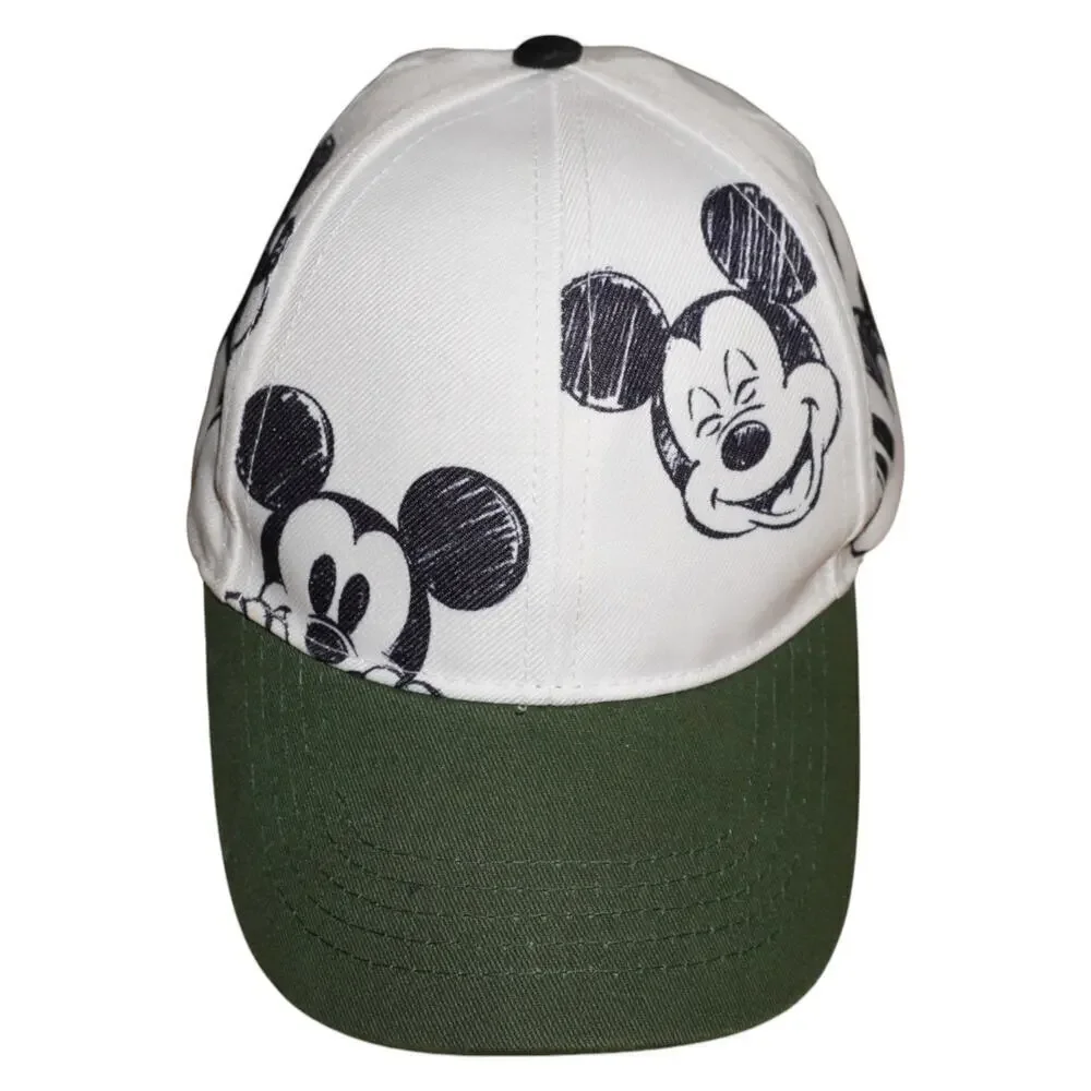 Disney Mickey Mouse Baseball Cap White Black Sketch Print Green Visor Snapback
